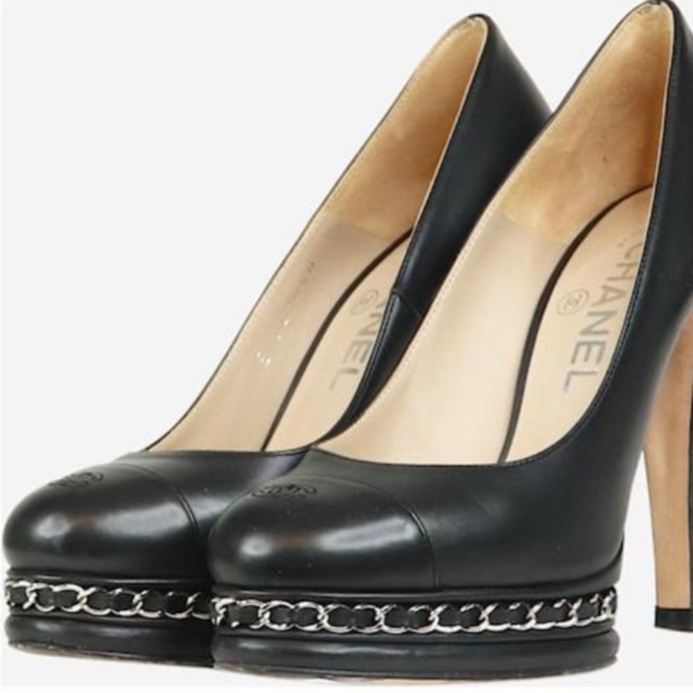 Chanel Platform Pumps w/ silver-tone chain detail